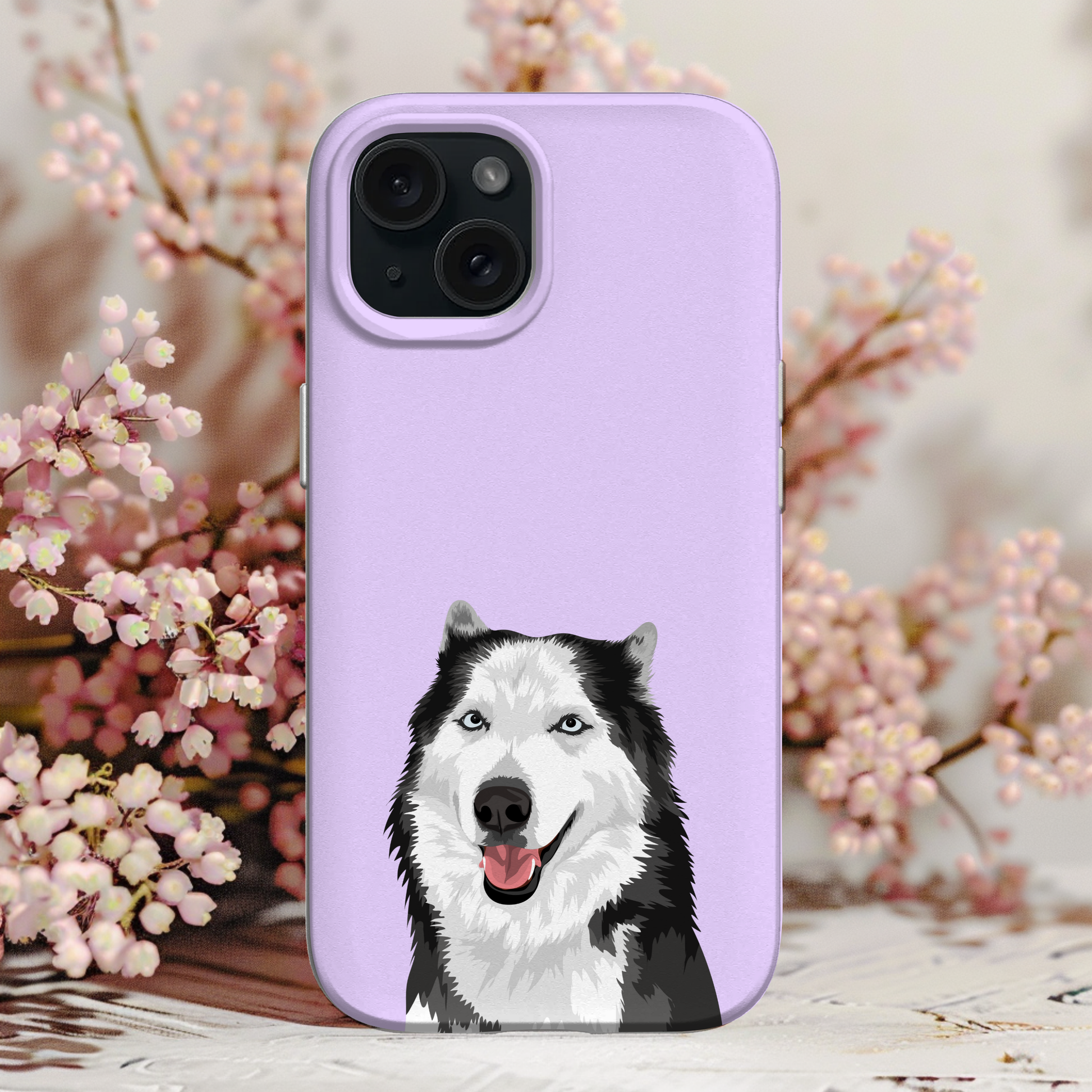 Cute custom dog cartoon illustration on phone case – personalized phone case for dog lovers featuring a husky breed.