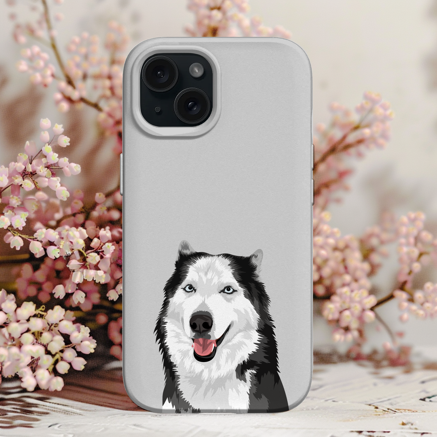 Cute custom dog cartoon illustration on phone case – personalized phone case for dog lovers featuring a husky breed.