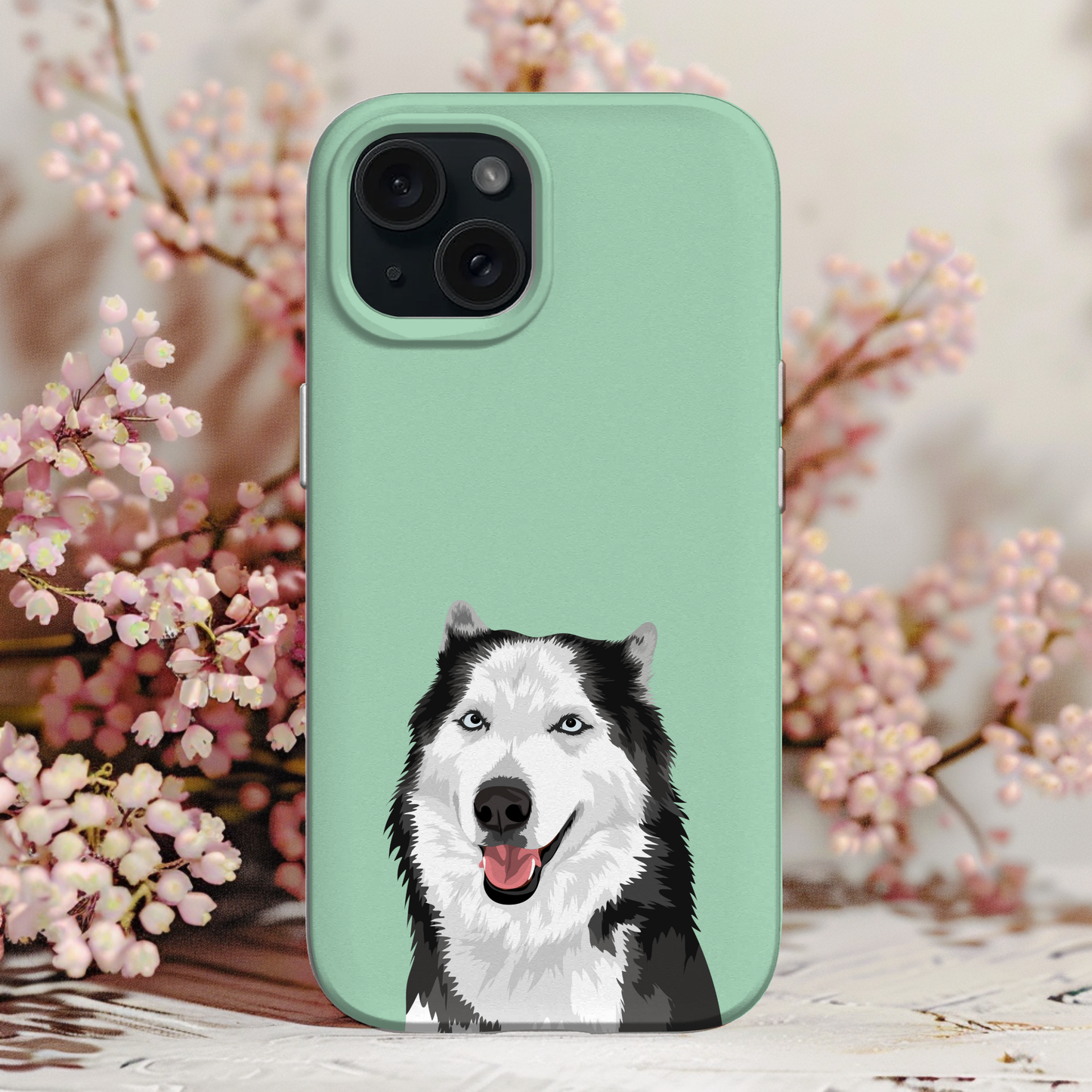 Cute custom dog cartoon illustration on phone case – personalized phone case for dog lovers featuring a husky breed.