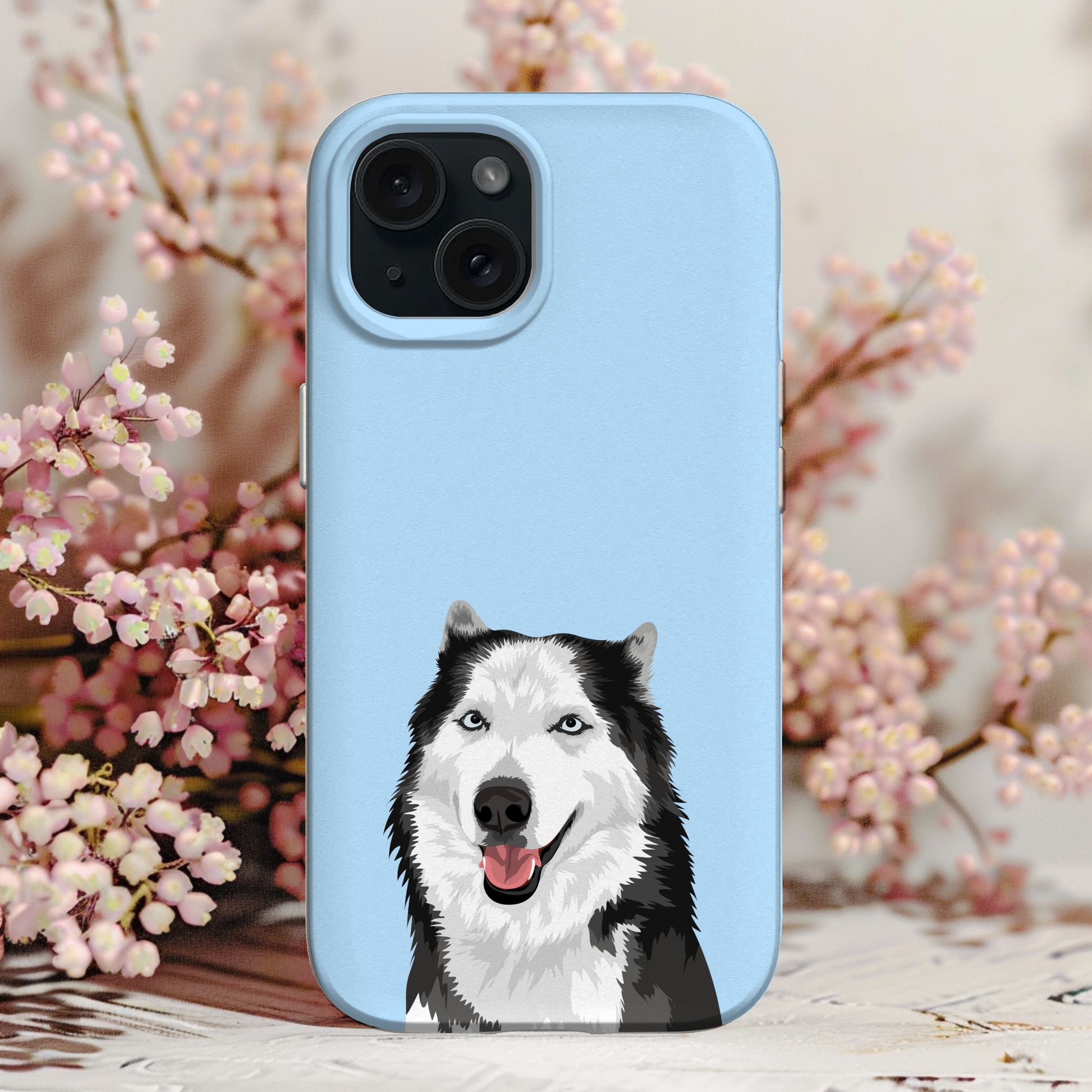 Cute custom dog cartoon illustration on phone case – personalized phone case for dog lovers featuring a husky breed.